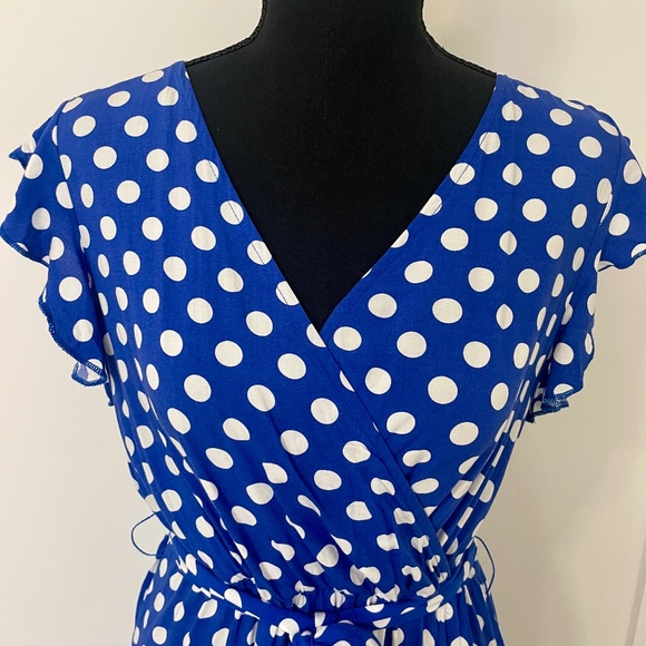 Grecerelle Spring Dress, V Neck Maxi,  Blue/White Polka Dots, M, EUC - Picture 4 of 9